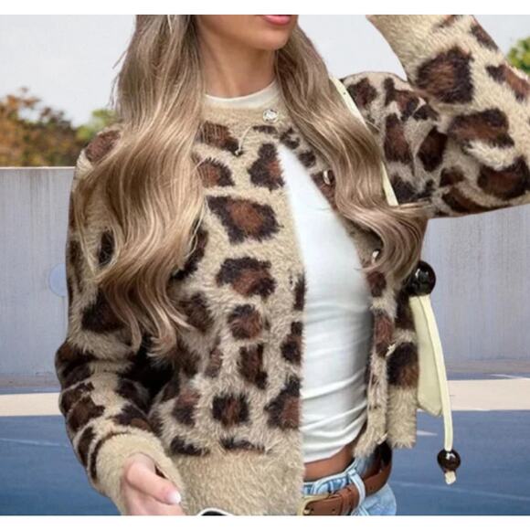 Zara Faux Fur Animal Print Jacquard Knit Cardigan Women’s Size S - Picture 4 of 12